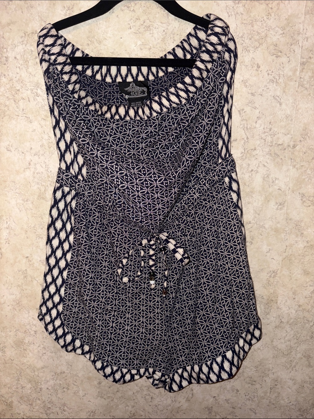 AGB Navy and White Patterned Sleeveless Romper with Tie Waist